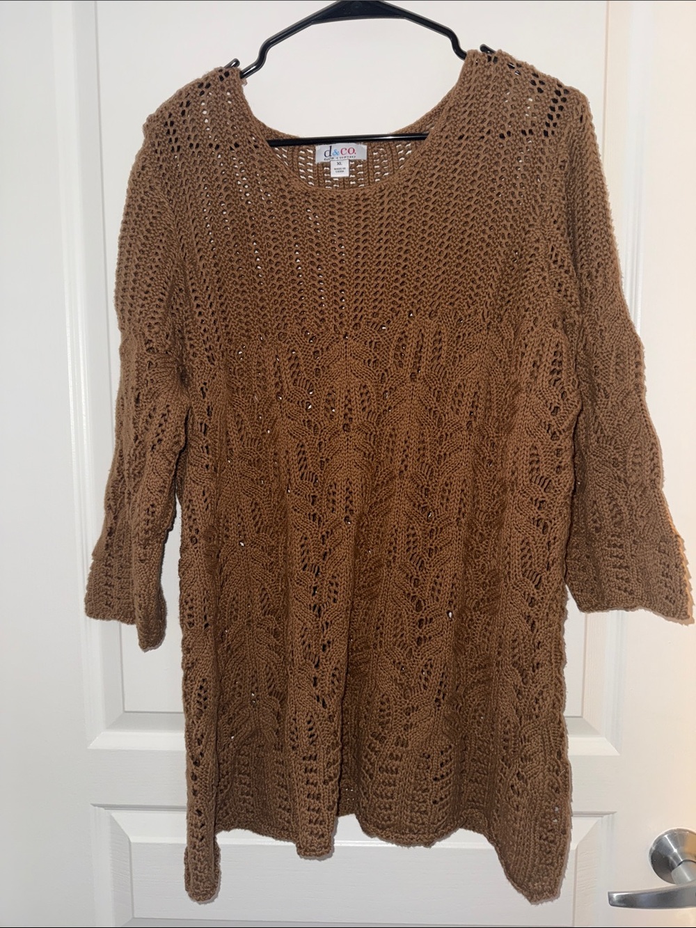 Denim&Co Brown Crochet Open-Knit Sweater